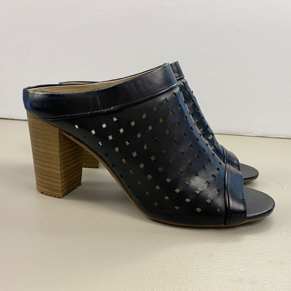 Rialto Chunky Heel Mules Womens 8.5 Black Perforated‎ Leather Sandals Retro Y2K